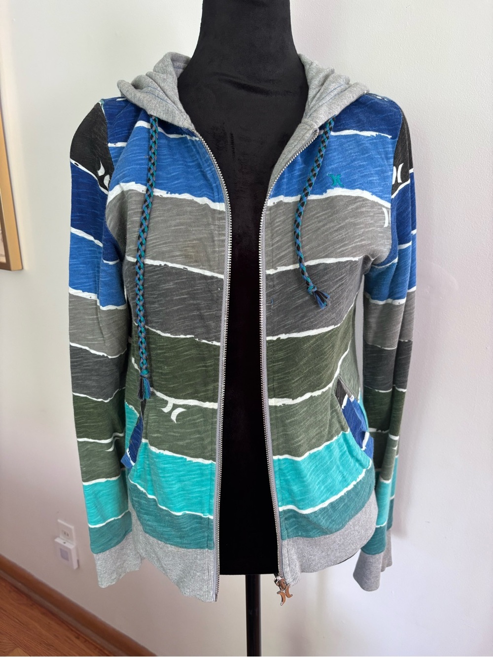 Reversible Hurley Striped Zip Hoodie in Blue, Teal, Gray, Olive